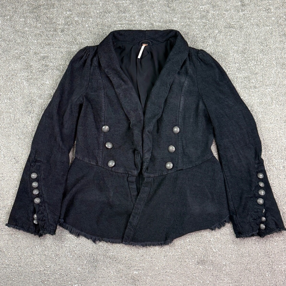 Free People Blazer Women Small Black Military Peplum Frayed Denim Jacket